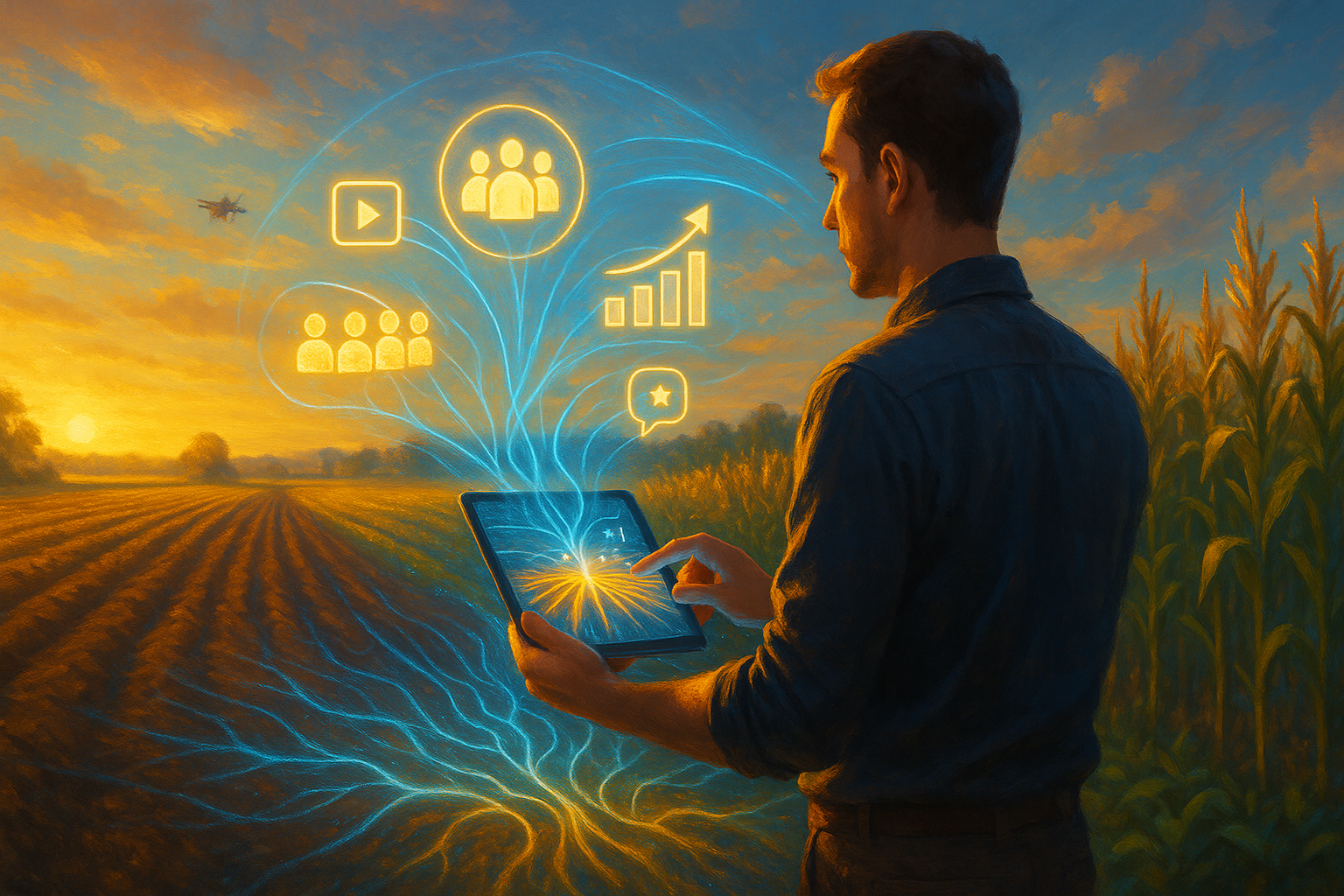 Profissional de marketing com foco no agronegócio planeja e executa estratégias de comunicação integrada, representando o ciclo completo do planejamento à colheita de resultados.