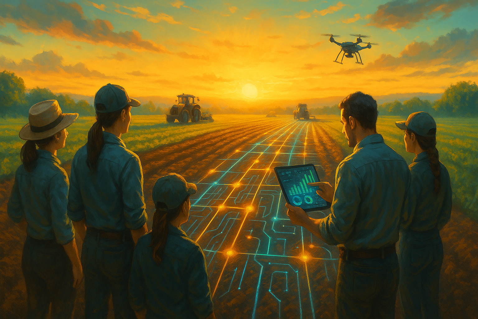 Profissionais do agronegócio analisam um campo digitalizado, simbolizando o planejamento de comunicação no agronegócio com tecnologia e propósito.