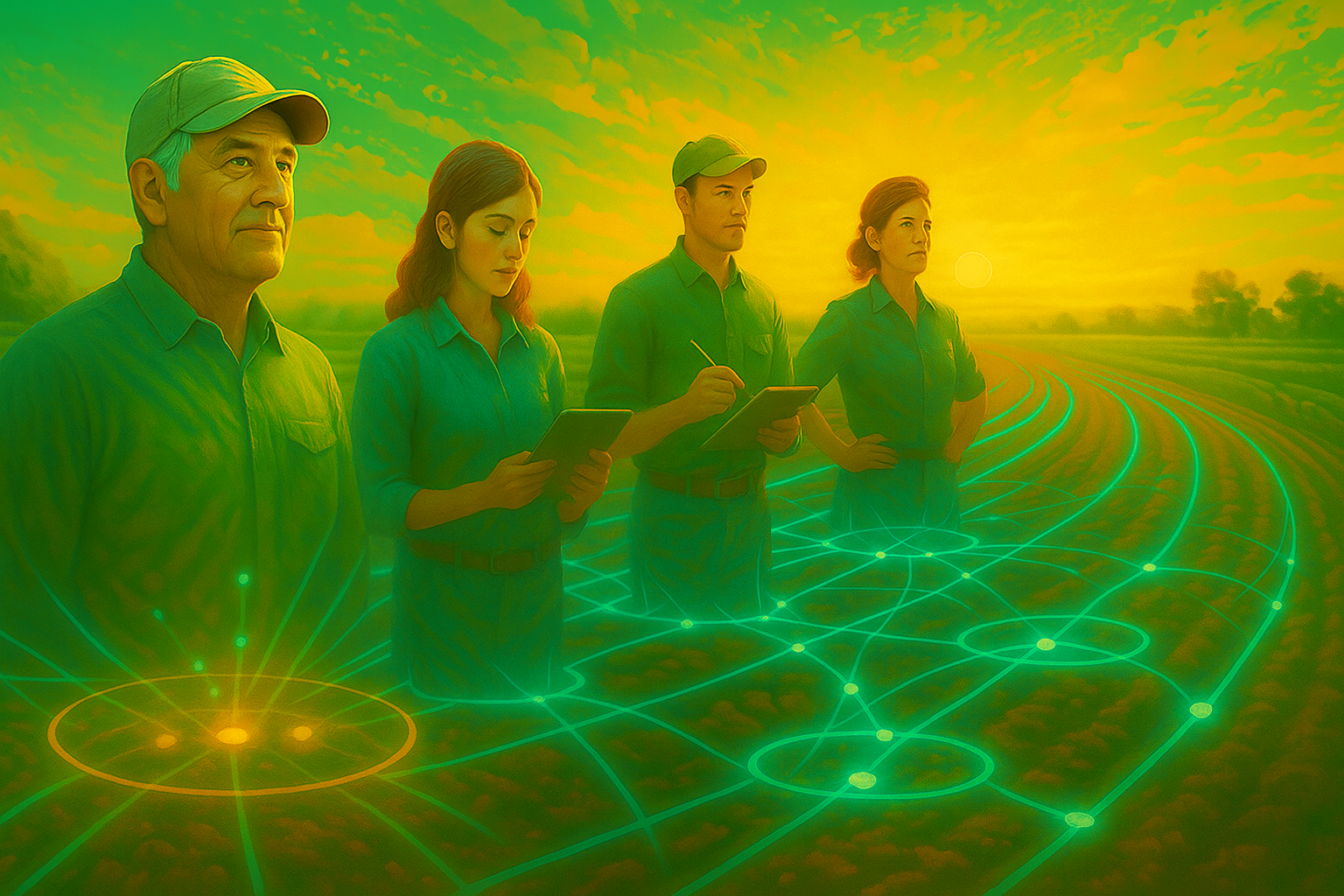 Profissionais do agronegócio analisam dados no campo, simbolizando a segmentação e a comunicação precisa no agronegócio.