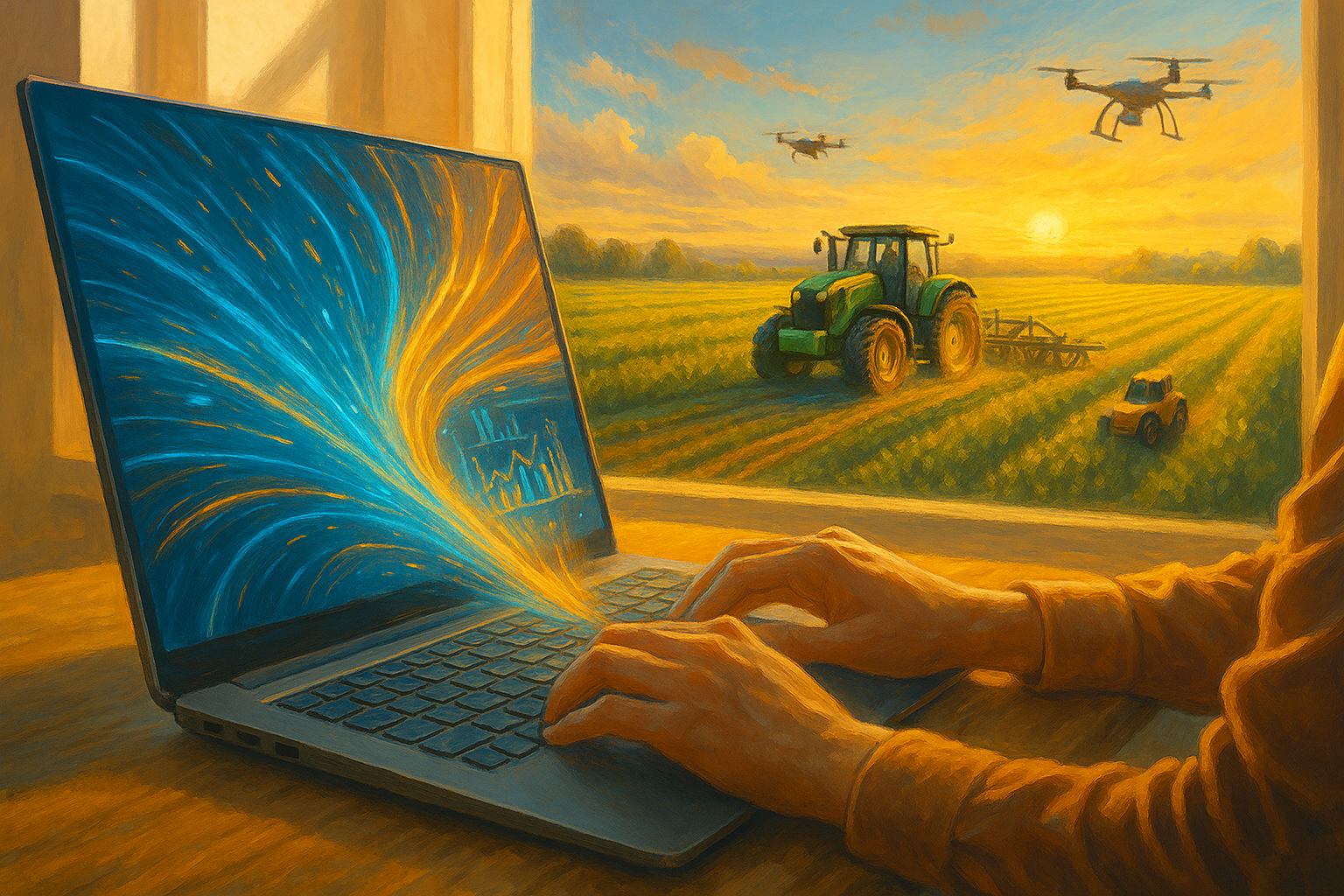 Profissional de marketing cria conteúdo digital para o agronegócio no campo, representando a nutrição da jornada de decisão no agronegócio.