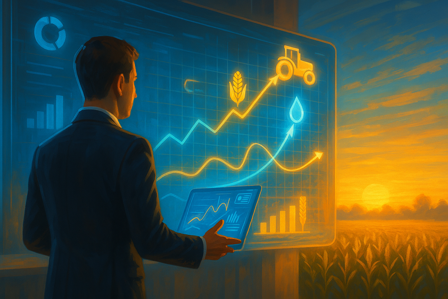 Profissional analisa métricas digitais no campo, representando a mensuração dos resultados da comunicação no agronegócio.
