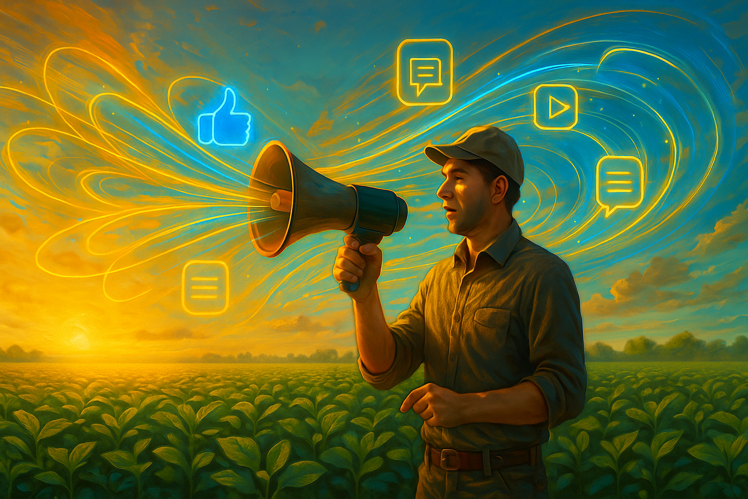 Profissional de marketing com foco no agronegócio executam plano de comunicação no campo, simbolizando a transformação da estratégia em ação no agronegócio.