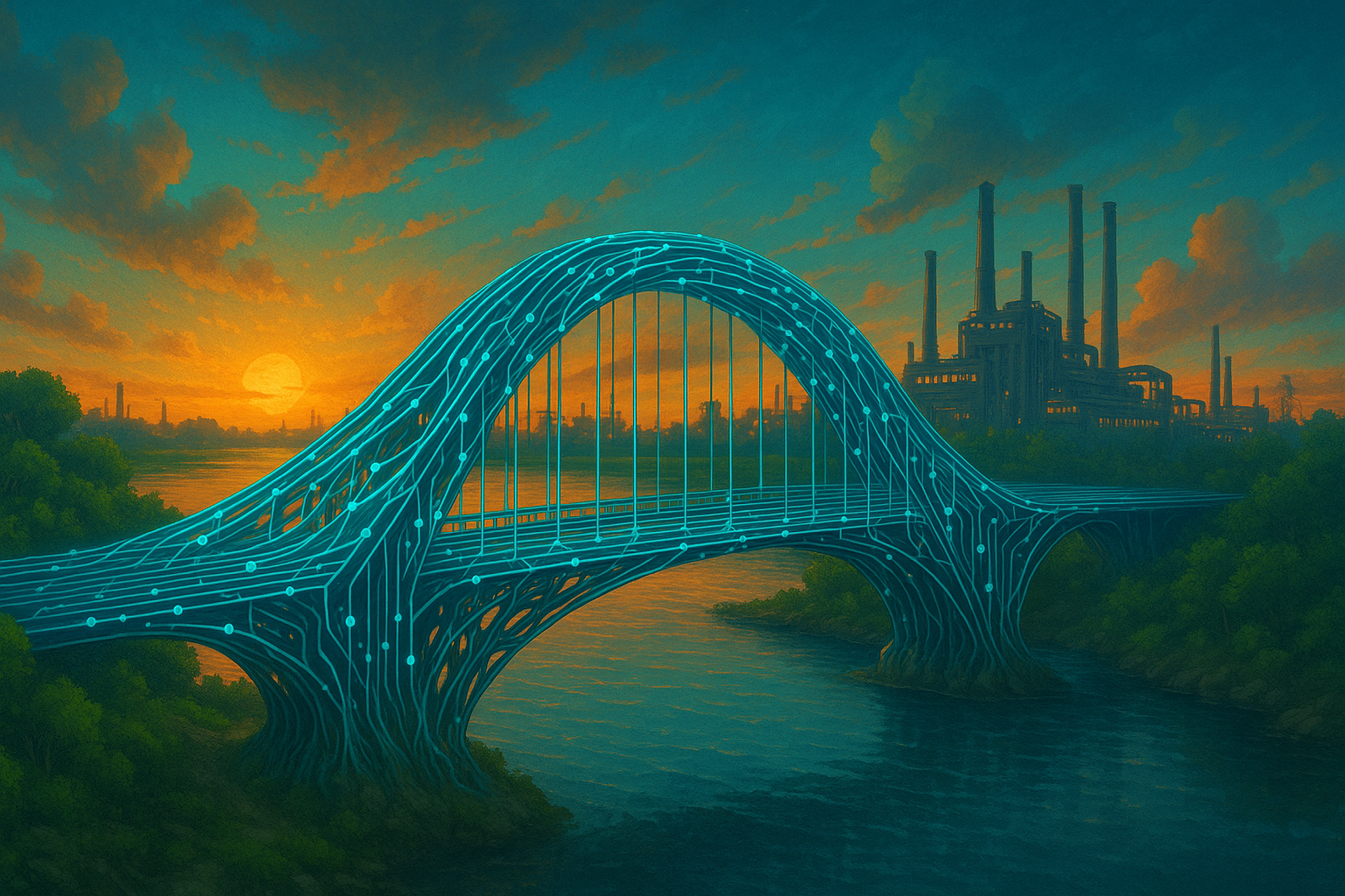 Uma ponte feita de cabos luminosos e entrelaçados, com padrões que lembram circuitos digitais, conecta margens cobertas de vegetação a uma cidade industrial ao pôr do sol. A cena mistura elementos de natureza e tecnologia em tons vibrantes de azul, laranja e verde, simbolizando a conexão entre influenciadores digitais e empresas no marketing B2B.